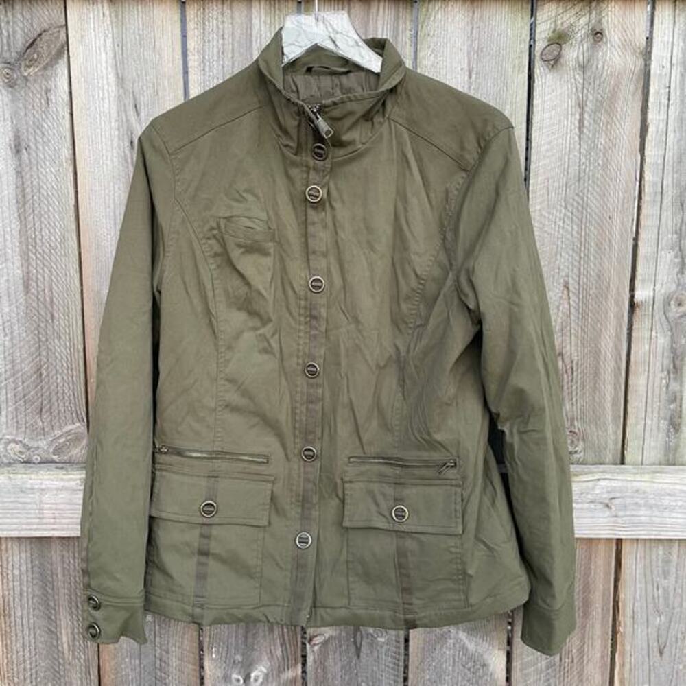 Prana Bomber Jacket Womens Full Zip Mock Neck Pockets‎ Olive Green Size Large